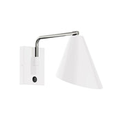 Wall swing arm LED light with white shade and brushed nickel curved arm