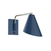 Navy LED wall swing arm light with brushed nickel curved arm and conical shade