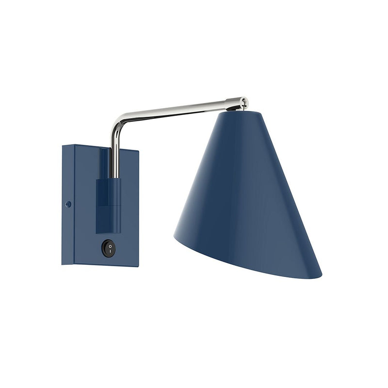 Navy LED wall swing arm light with brushed nickel curved arm and conical shade