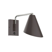 Wall swing arm LED light with dark shade, bronze arm, brushed nickel accents