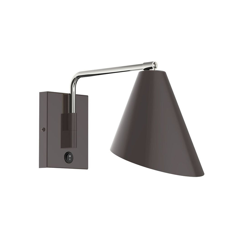 Wall swing arm LED light with dark shade, bronze arm, brushed nickel accents