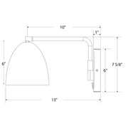 Navy swing-arm wall light with domed shade and brushed brass arm; side view dimensions