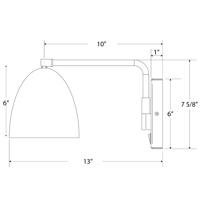 Navy swing-arm wall light with domed shade and brushed brass arm; side view dimensions