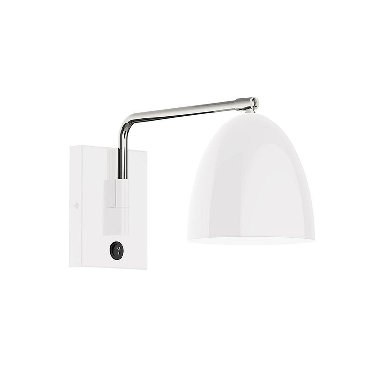 LED wall swing arm light, white shade with brushed nickel arm and base