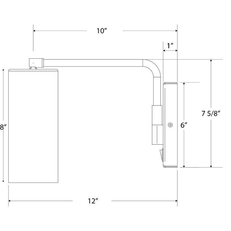 Wall swing arm LED light dimension diagram with 12" by 8" layout
