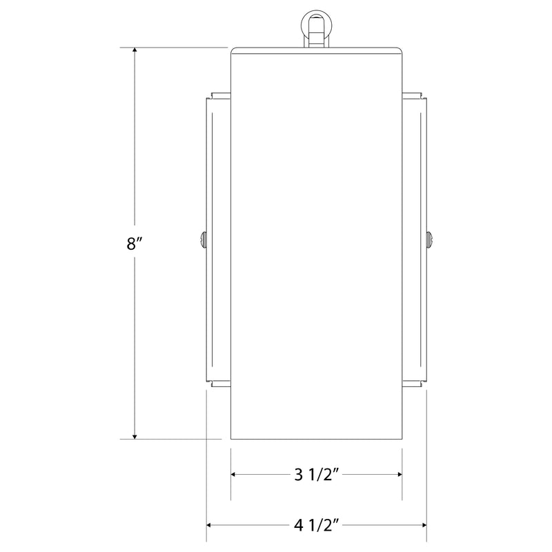 Wall swing arm light front view, white rectangular shade with brass side arms