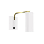 Wall swing arm light with white shade and brushed brass arched arm