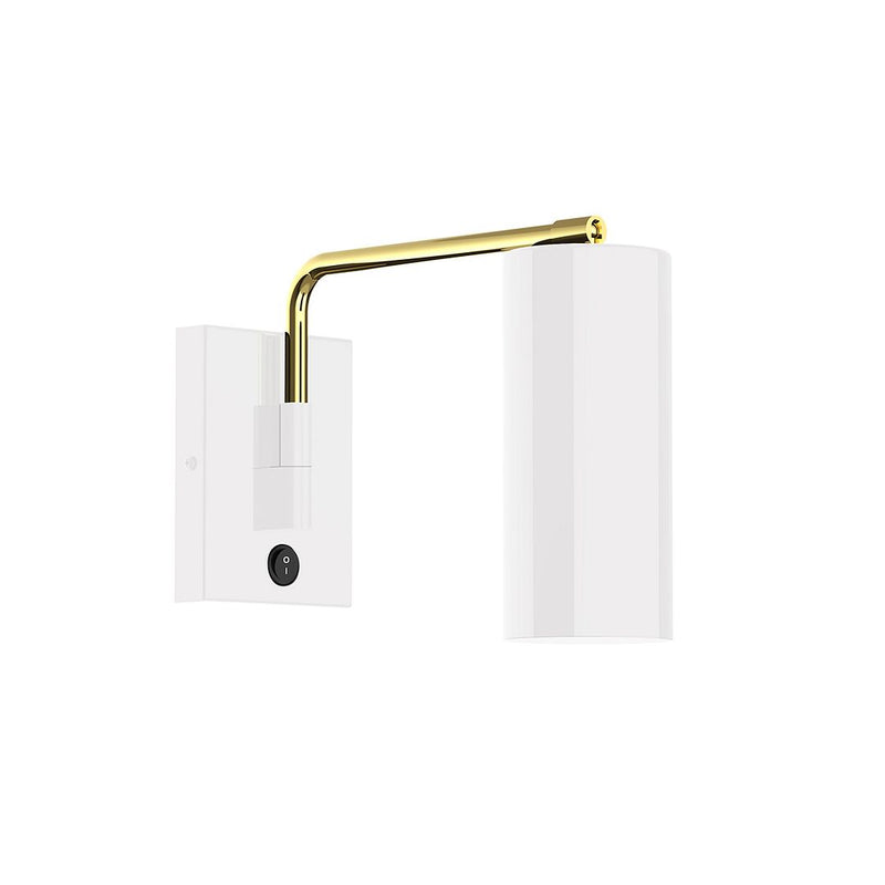 Wall swing arm light with white shade and brushed brass arched arm