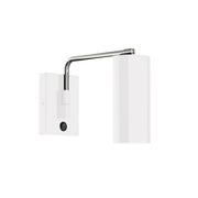 White wall swing arm light with brushed nickel accents, rectangular shade and curved arm