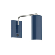 Navy LED wall swing arm light with brushed nickel arm and cylindrical shade