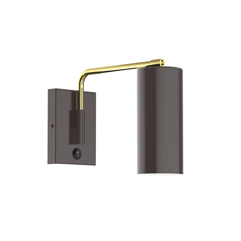 Bronze wall swing arm light with brushed brass arm and cylindrical shade