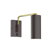 Bronze wall swing arm LED light with brushed brass arched arm and dark cylindrical shade