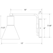 Navy LED wall swing arm light, technical dimension view with cone shade