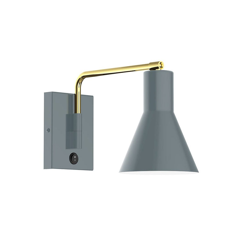 Slate gray wall swing arm light with brass arm and flared cone shade