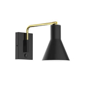 Black wall swing arm LED light with cone shade and brass gooseneck arm
