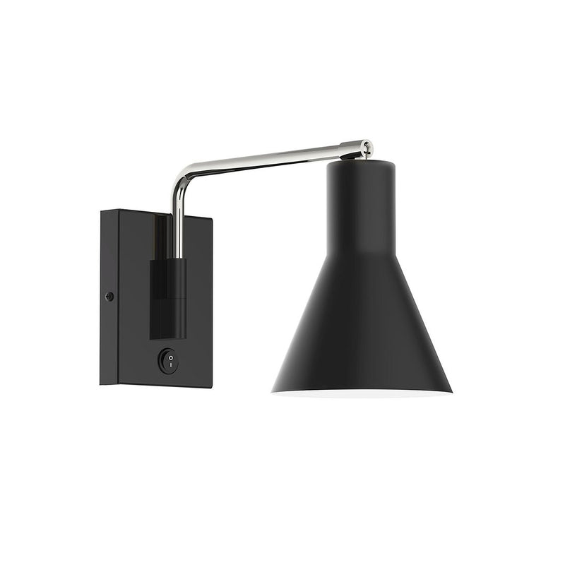 Black wall swing arm light with brushed nickel accents and cone shade.