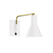 LED wall swing arm light with white cone shade and gold curved arm