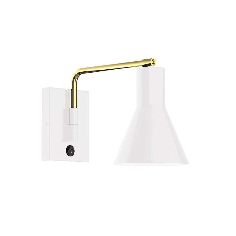 LED wall swing arm light with white cone shade and gold curved arm