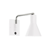 Wall swing arm light with white bell shade and brushed nickel accents