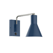 Navy LED wall swing arm light with cone shade and brushed nickel style trim