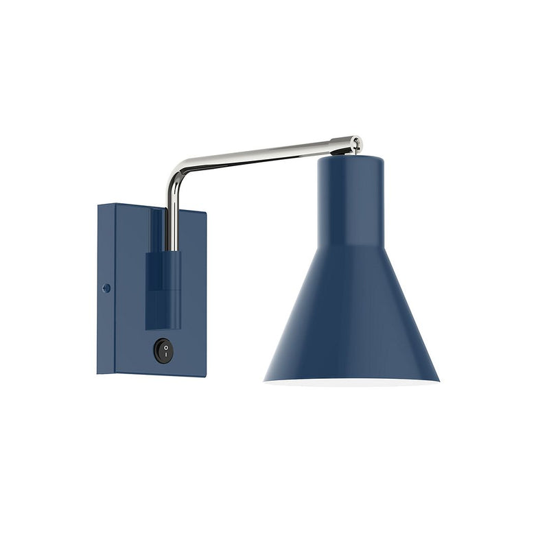 Navy LED wall swing arm light with cone shade and brushed nickel style trim