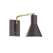 Architectural bronze wall swing arm LED light with dark cone shade and brass arm