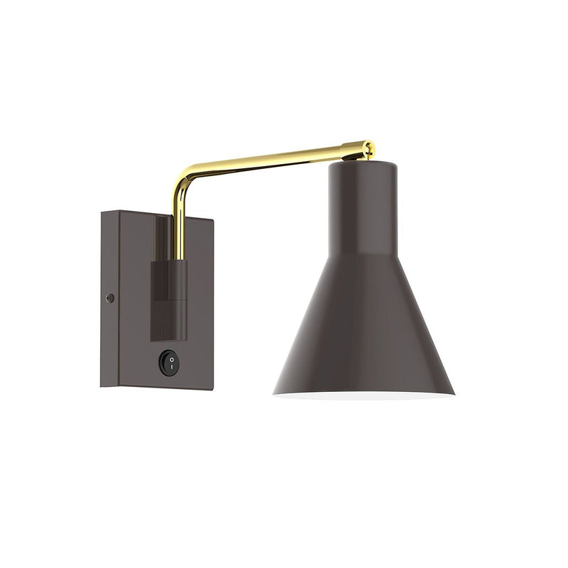 Architectural bronze wall swing arm LED light with dark cone shade and brass arm