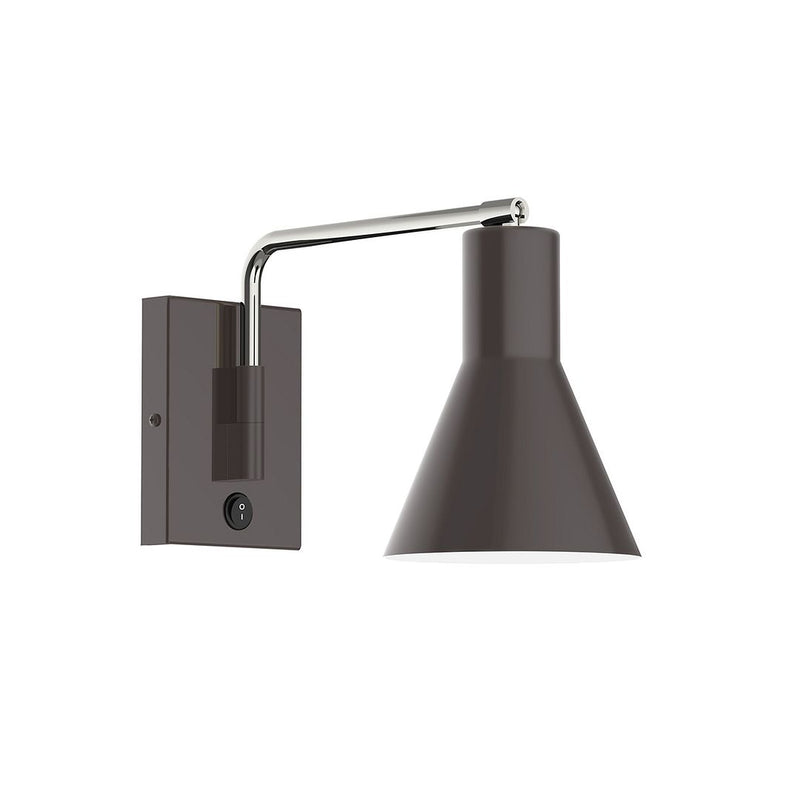 LED wall swing arm light with dark bronze shade and brushed nickel curved arm