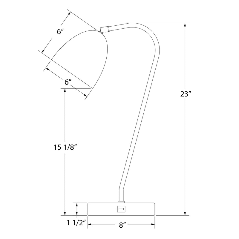 Light blue table lamp size diagram with 23 in height and 8 in base width