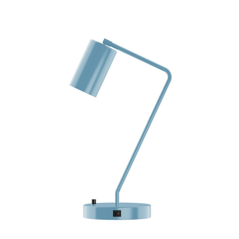 Light blue Beam table lamp with angled fabric shade and round base