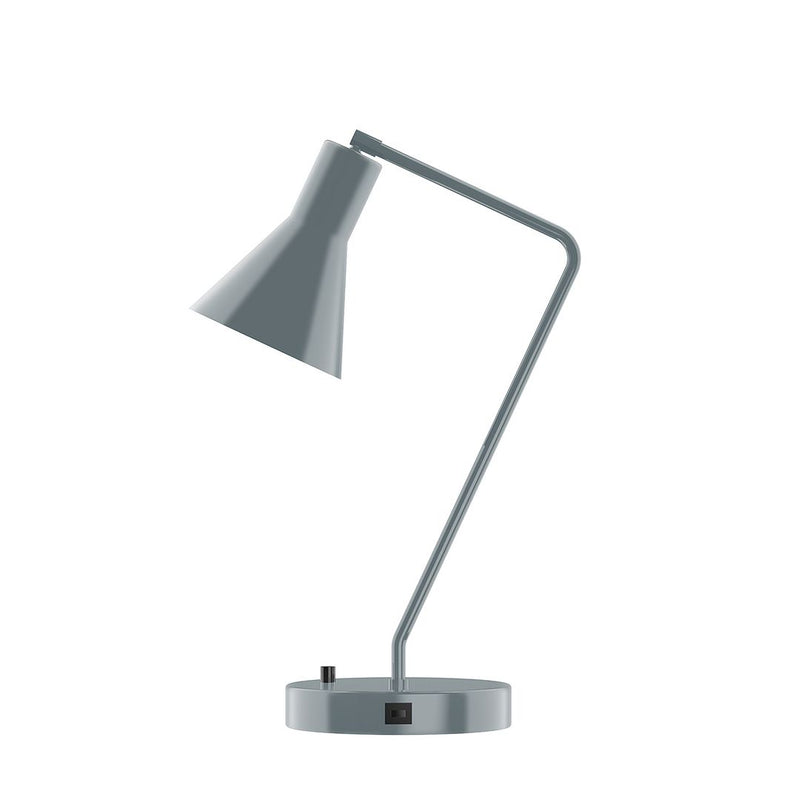 Slate gray flare table lamp with curved metal base and adjustable neck.