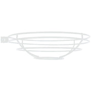 White two-light LED pendant light with curved metal frame and two dome shades