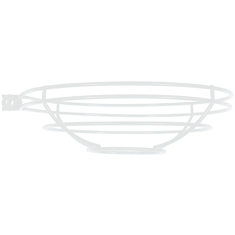 White two-light LED pendant light with curved metal frame and two dome shades