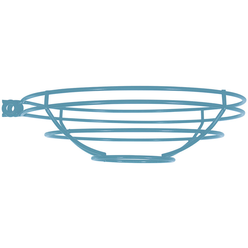 Light blue LED pendant light with wire cage frame over the domed shade