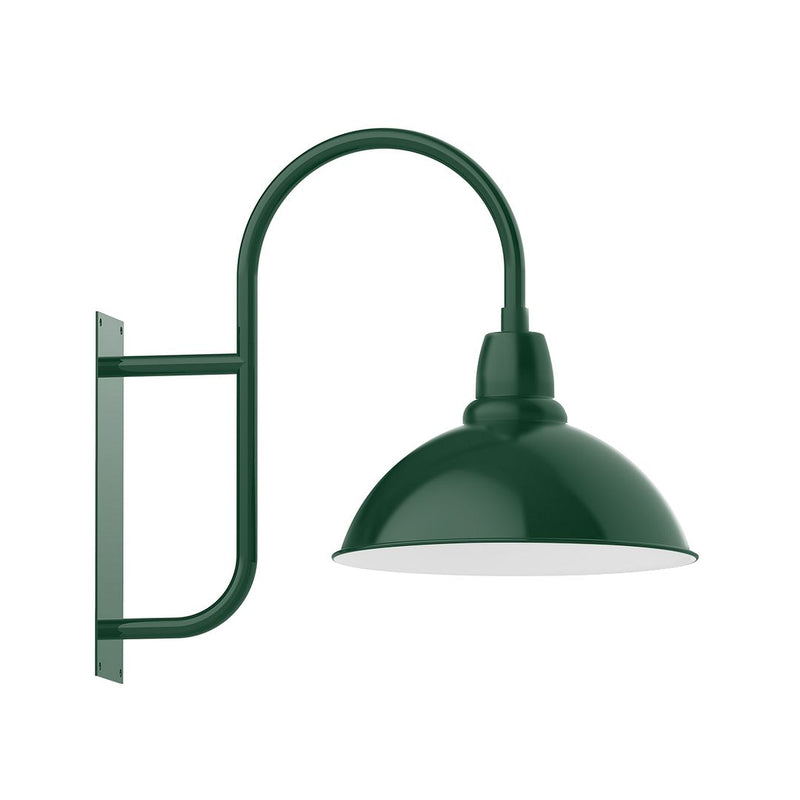 Forest green wall mount gooseneck lamp with dome metal shade and bracket plate