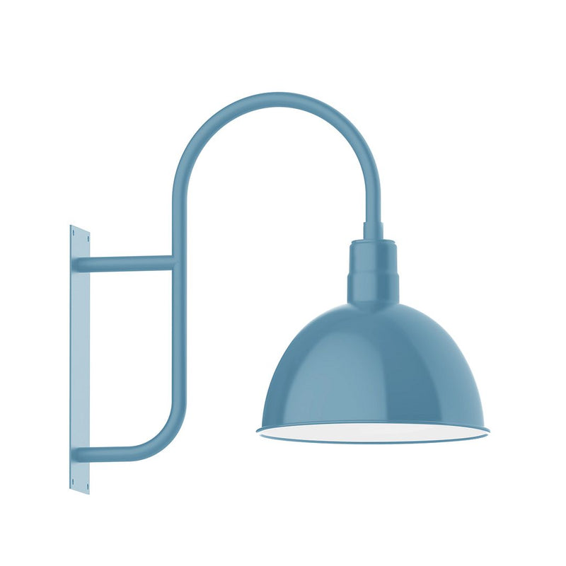 Light blue wall-mounted LED deep bowl light with curved arm and dome shade