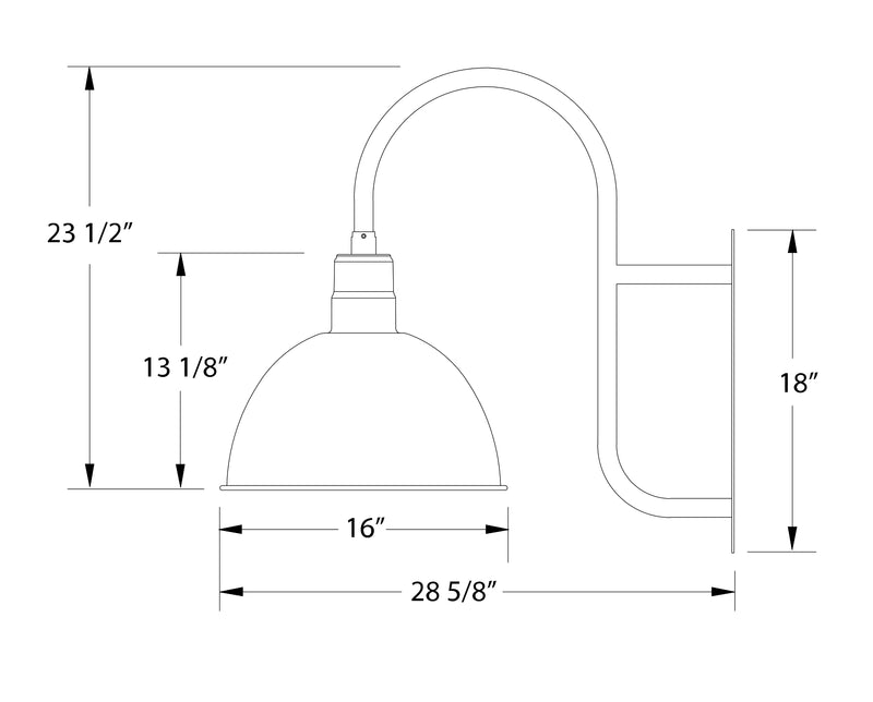 Line drawing of architectural bronze wall-mount deep bowl lamp with dimensions