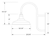 Wall mount light dimensions diagram: 18 in high, 29 3/4 in long