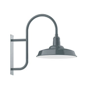 Slate gray wall-mount light with curved arm and domed metal shade