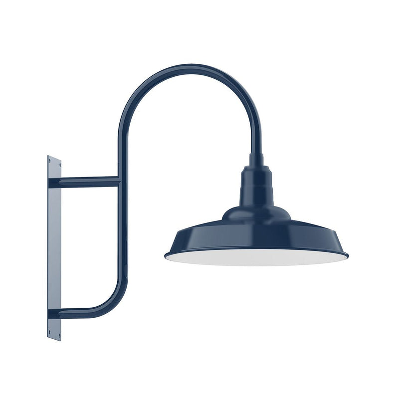 Navy wall mount outdoor lamp with curved arm and dome shade