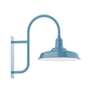 Light blue wall mount gooseneck lamp with round arched support and dome shade
