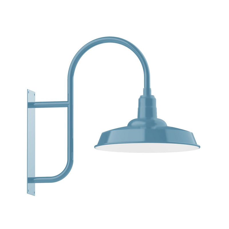 Light blue Warehouse wall mount gooseneck light with domed metal shade