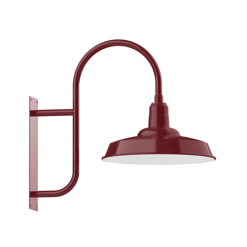 Barn red wall mount light fixture with arched gooseneck and bell shade