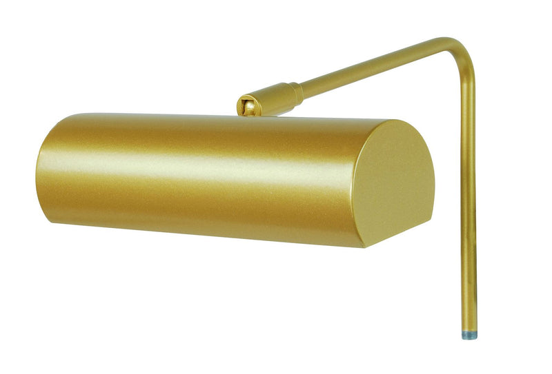 Gold matte plug-in LED picture light with cylindrical shade and curved mounting arm