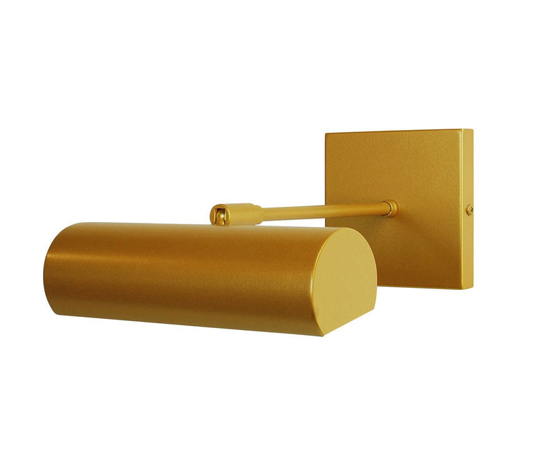 Gold matte direct-wire LED picture light with cylindrical shade and square wall mount