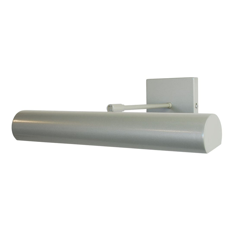 Satin silver direct-wire LED picture light with cylindrical housing and mounting plate